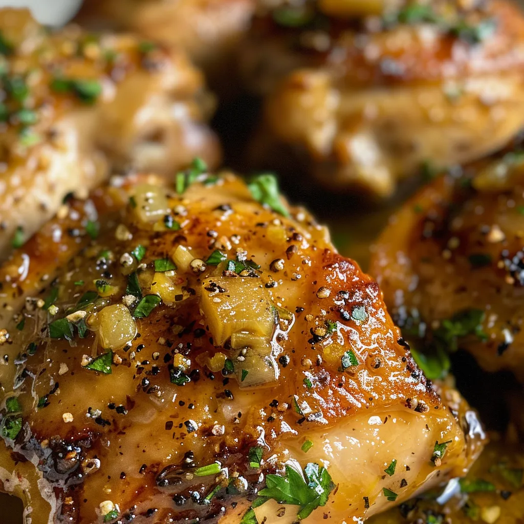 Plate of golden-brown honey mustard chicken, glistening with sauce.