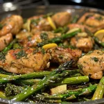 Delicious Lemon and Dill Butter Garlic Chicken accompanied by tender asparagus on a white plate.