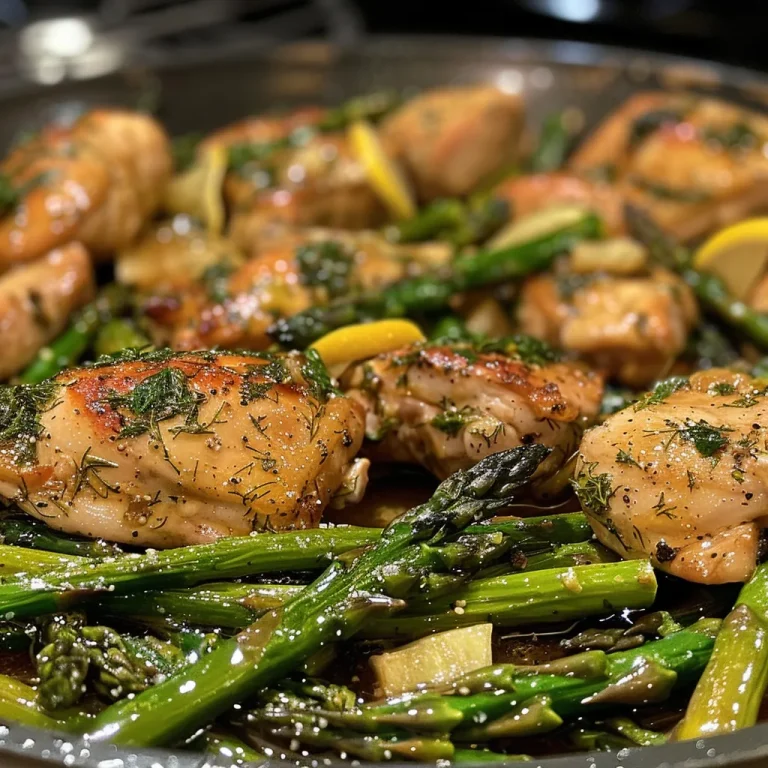 Delicious Lemon and Dill Butter Garlic Chicken accompanied by tender asparagus on a white plate.