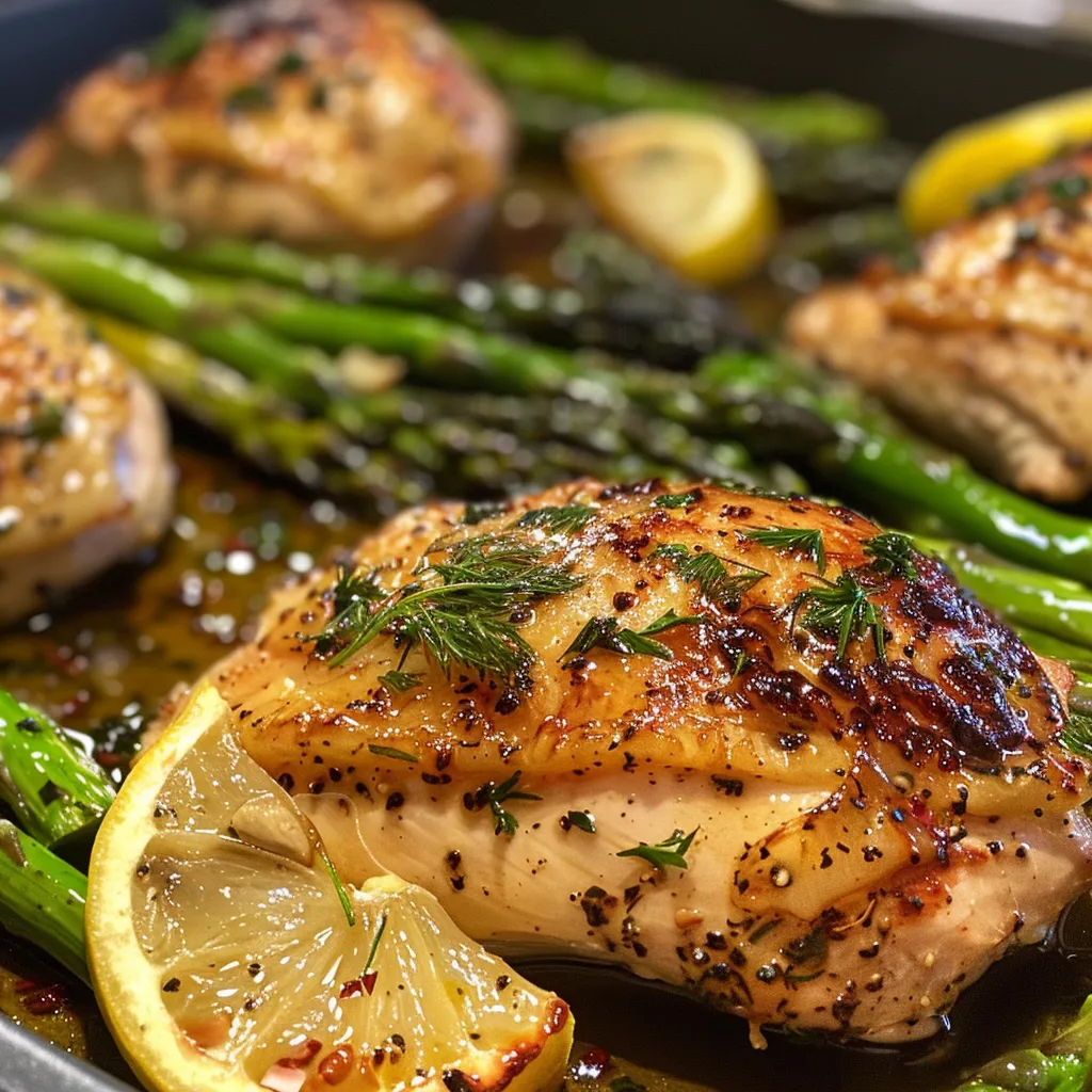 Close-up of Butter Garlic Chicken with lemon zest and fresh dill, served with sautéed asparagus.