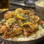 Deliciously plated Lemon Garlic Chicken accompanied by a generous portion of white rice.
