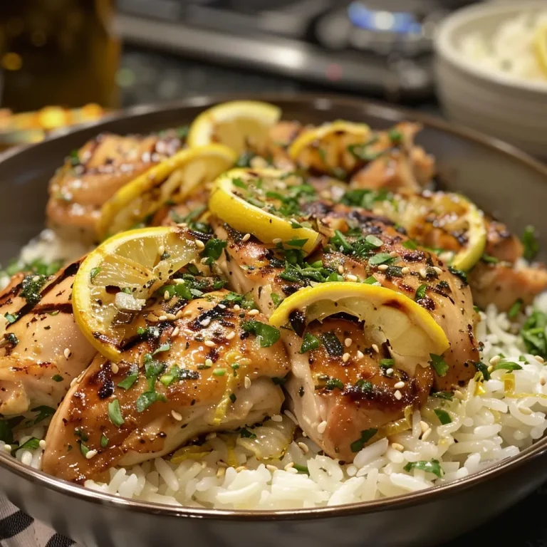 Deliciously plated Lemon Garlic Chicken accompanied by a generous portion of white rice.