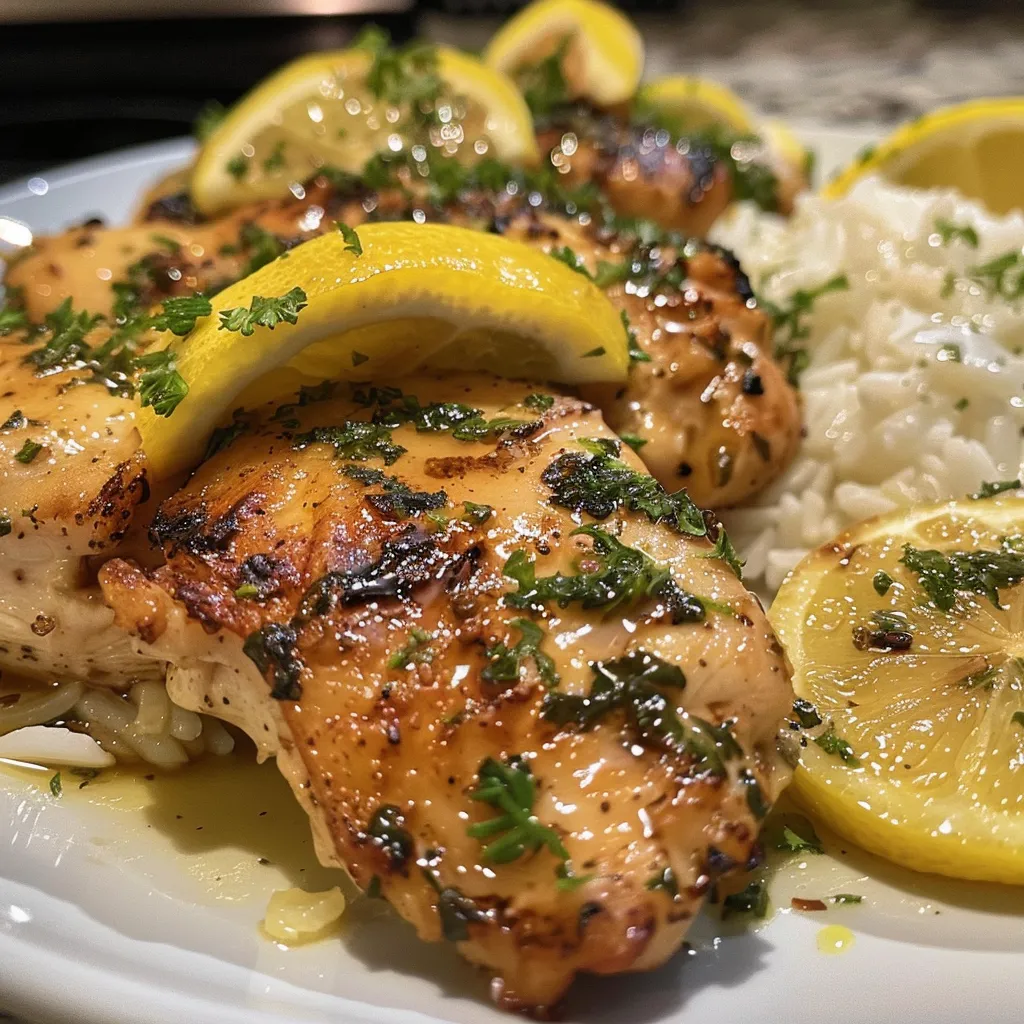 Side view of a succulent Lemon Garlic Chicken dish with seasoned rice, highlighting texture.
