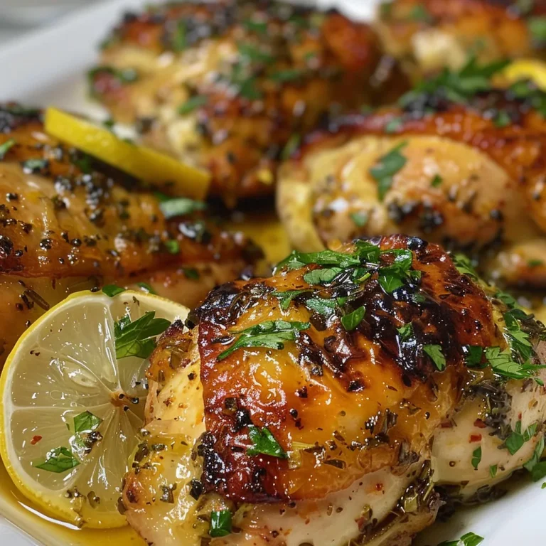 Side view of flavorful lemon garlic chicken, showcasing its juicy texture.