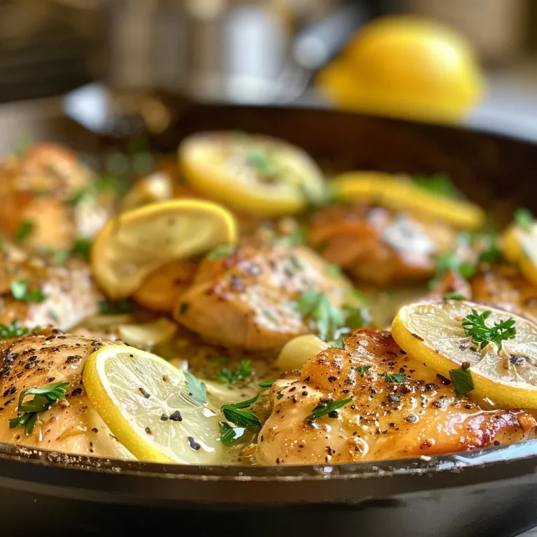 Juicy chicken thighs in a skillet, surrounded by garlic and lemon, with a focus on its crispy texture.