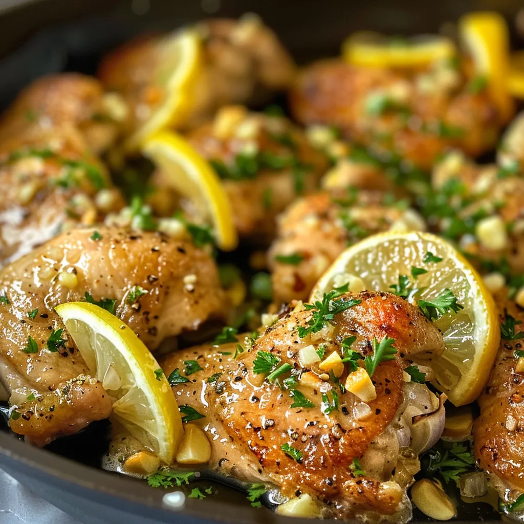 Plate of tender boneless chicken breasts drizzled with lemon juice and butter, ready to serve.