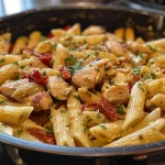 Side view of a serving of Marry Me Chicken Pasta, highlighting the tender chicken and colorful ingredients.