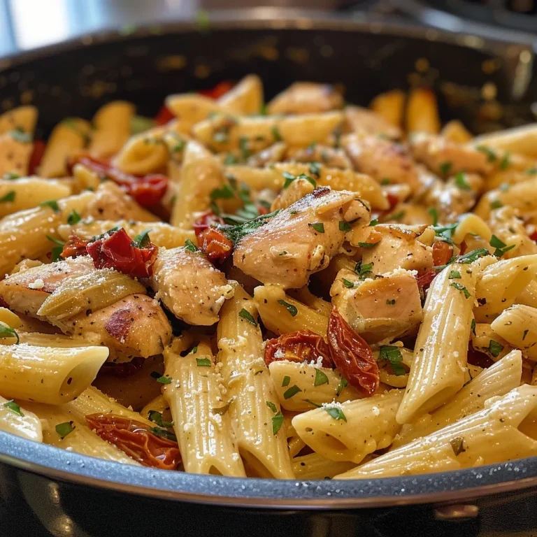 Juicy chicken and penne pasta in a rich, creamy sauce adorned with parmesan cheese.