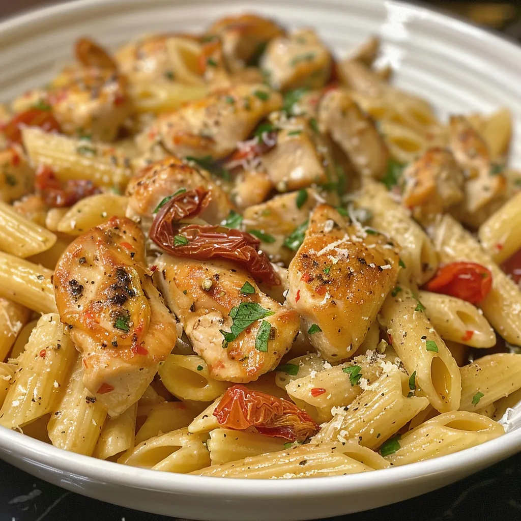 Delicious Marry Me Chicken Pasta with vibrant colors and textures, displayed elegantly.
