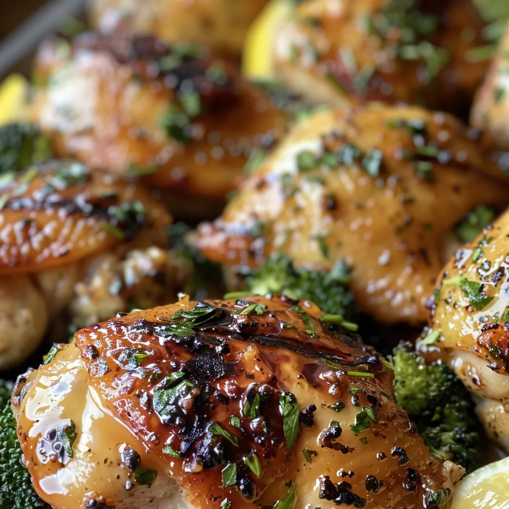 Close-up of grilled chicken thighs and baked salmon garnished with herbs.