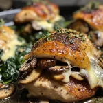 Close-up of a succulent chicken breast filled with mushrooms and spinach, glistening with butter.