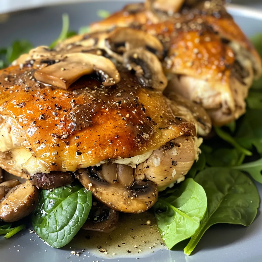 A vibrant stuffed chicken breast with visible mushrooms and cheese, freshly cooked and plated.