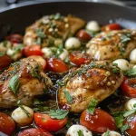 Delicious One Pan Balsamic Chicken cooked with grape tomatoes and mozzarella.