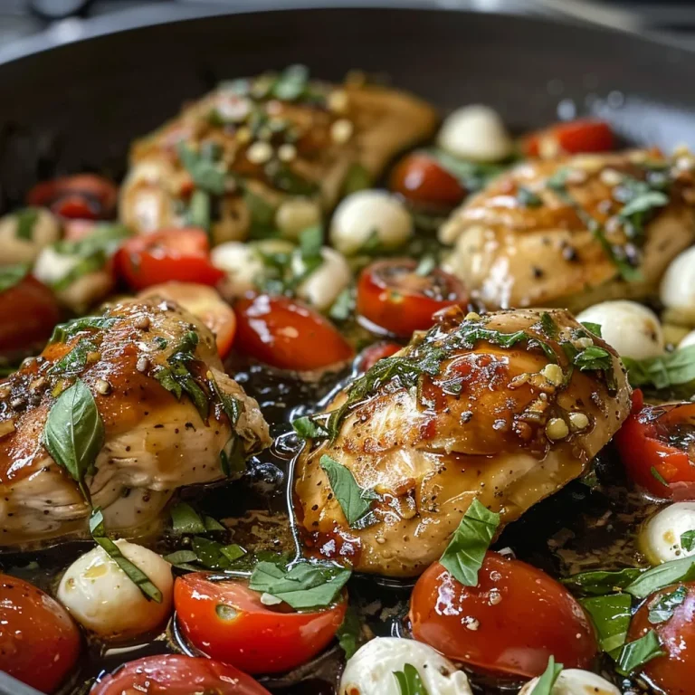 A Culinary Adventure: Balsamic Chicken that Whispers Stories of Italian Countryside Delicious One Pan Balsamic Chicken cooked with grape tomatoes and mozzarella.