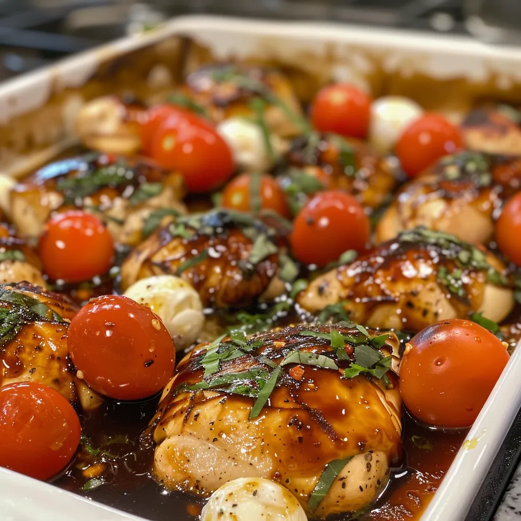 Raw image of fully cooked chicken breast in a balsamic glaze with fresh ingredients.