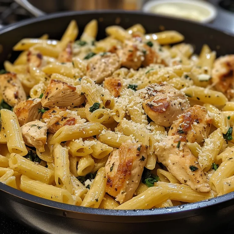 A delicious dish featuring penne pasta, chicken, and green spinach in a savory sauce.