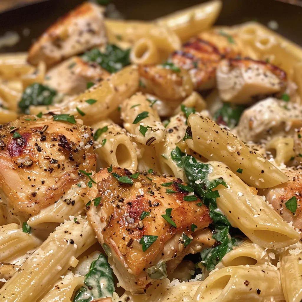 Close-up of garlic parmesan chicken pasta garnished with grated cheese and herbs.