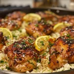 Side view of a delicious one-pan meal featuring chicken, garlic, and rice with butter sauce.