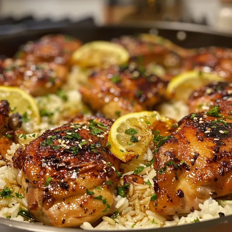 Side view of a delicious one-pan meal featuring chicken, garlic, and rice with butter sauce.