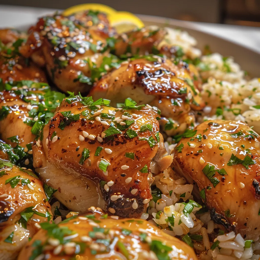 Colorful plate of honey butter garlic chicken and rice, arranged neatly with vibrant lemon slices.