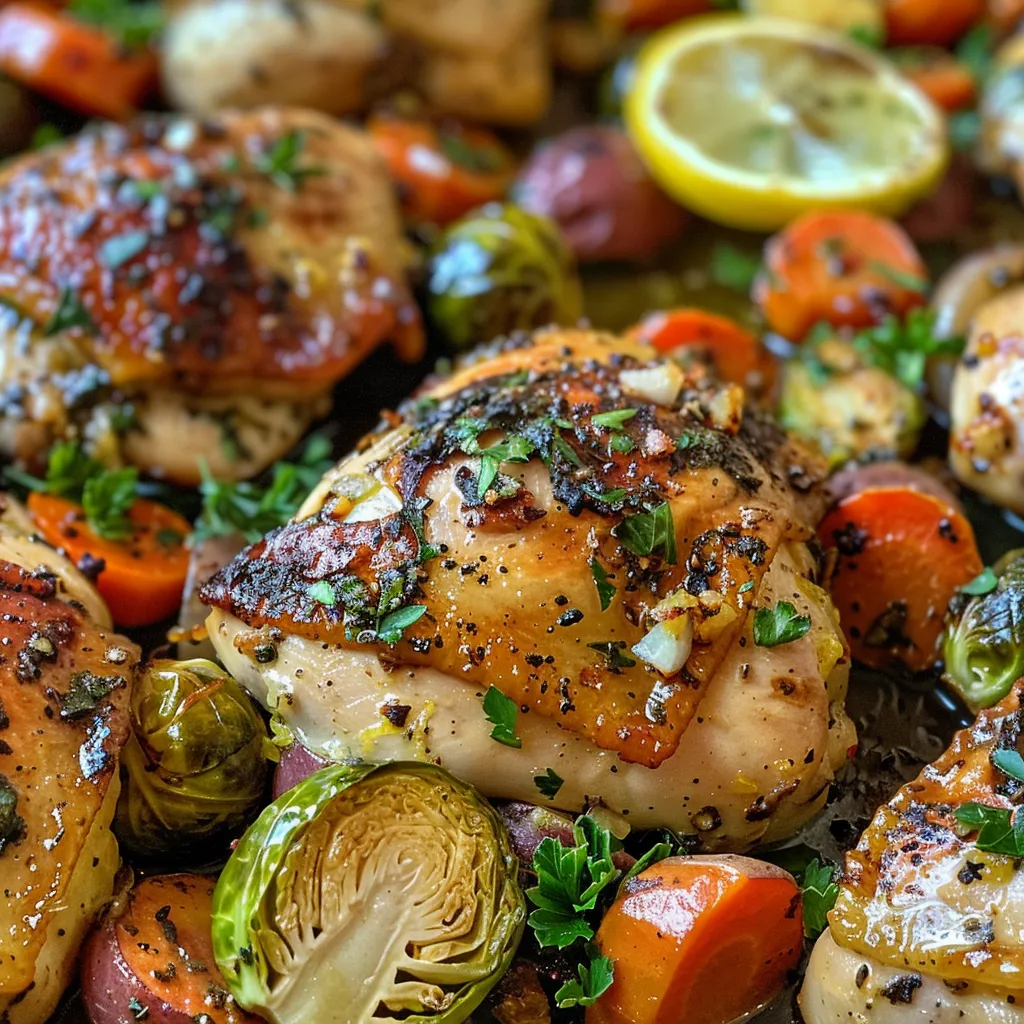 Colorful medley of chicken, carrots, Brussels sprouts, and potatoes in a pan.