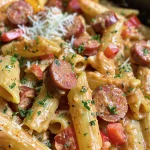 Juicy Cajun sausage pasta dish garnished with chopped parsley and spinach on the side.