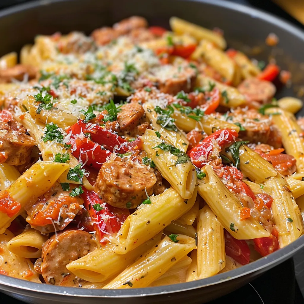 Side view of delicious creamy Cajun sausage pasta, highlighting the pasta, sausage, and sauce.