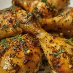 Golden brown oven-baked chicken leg quarters garnished with parsley.
