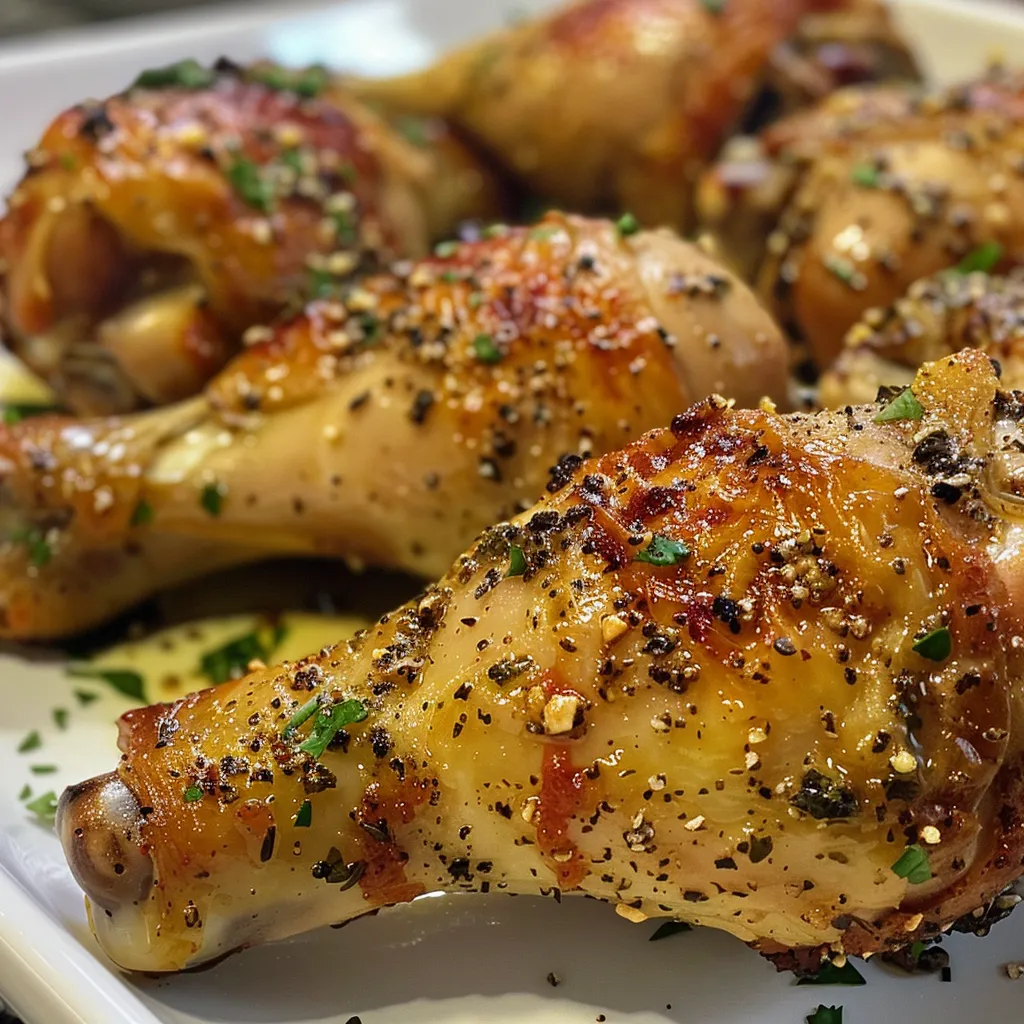 Deliciously cooked chicken leg quarters, showing moist texture and spices.