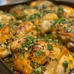 Plate with oven-baked chicken breast halves coated in honey mustard glaze and herbs.