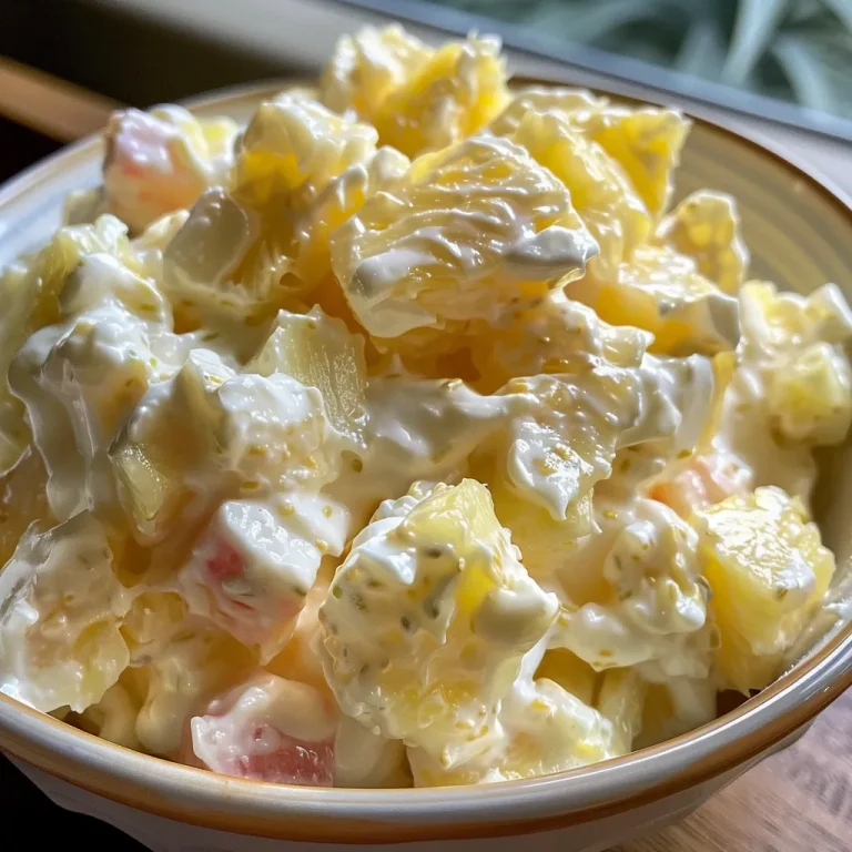 Detailed image of a Pineapple Fluff Salad, showcasing bright pineapple pieces mixed with whipped cream.