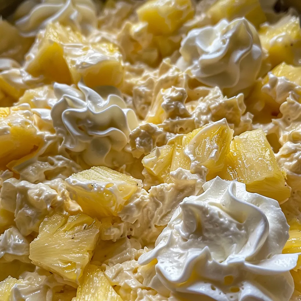 Close-up of a delicious Pineapple Fluff Salad, highlighting its creamy consistency and vibrant colors.