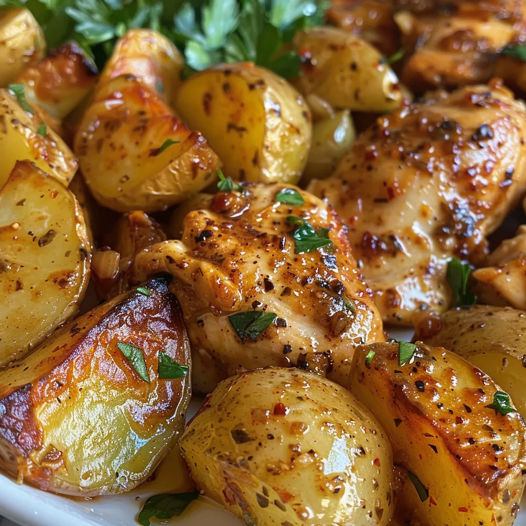 Side view of a delicious chicken and potatoes meal, sizzling in garlic butter in a cast-iron skillet.