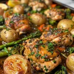 Overhead shot of golden-brown garlic butter chicken with roasted potatoes, asparagus, and broccoli.