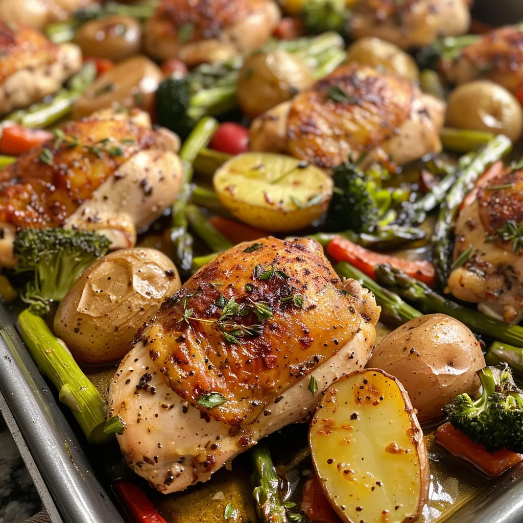 Appetizing close-up of a hearty sheet pan dinner with chicken and mixed vegetables.