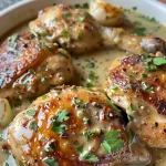 Delicious smothered chicken served on a plate with a creamy texture.