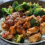 Side view of a bowl filled with sticky chicken, rice, and garnished with sesame seeds.