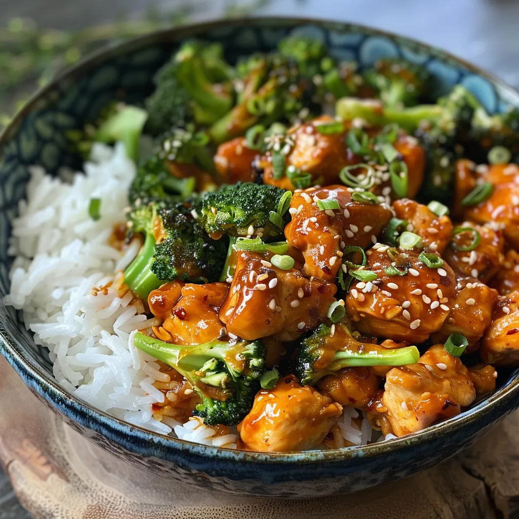 Delicious sticky chicken bowl with colorful broccoli and a savory sauce.