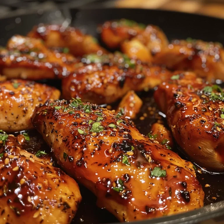 Side view of browned chicken thighs with a glossy sauce glistening on top.