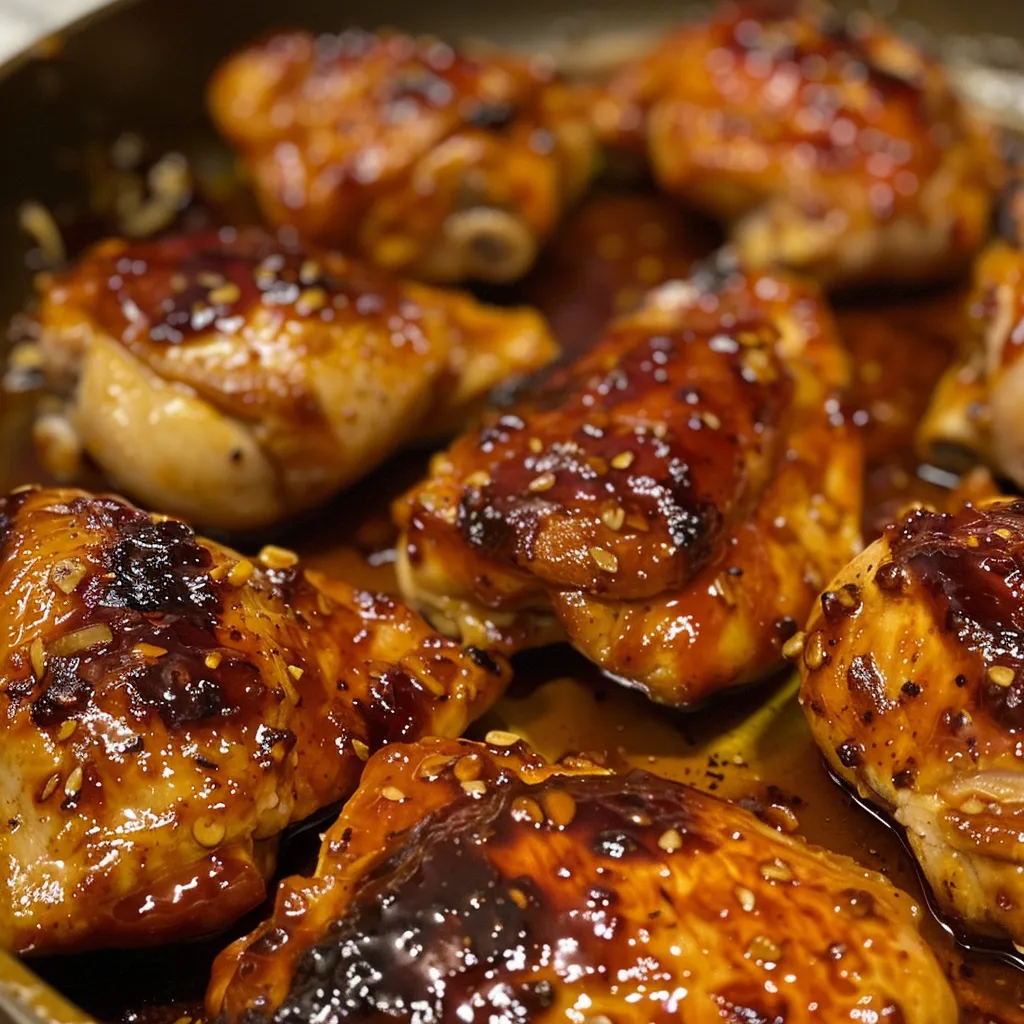 Plate of juicy chicken thighs with a rich sauce, highlighting BBQ colors.