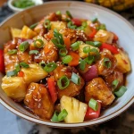 Detailed image of Sweet and Sour Chicken served on a plate, showcasing vibrant ingredients like bell peppers and pineapple.