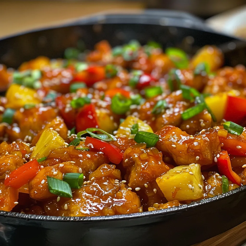 Appetizing close-up of a bowl of Sweet and Sour Chicken, highlighting its rich sauce and fresh vegetables.