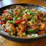 Delicious Szechuan chicken dish with a glossy sauce and sliced peppers on a white plate.