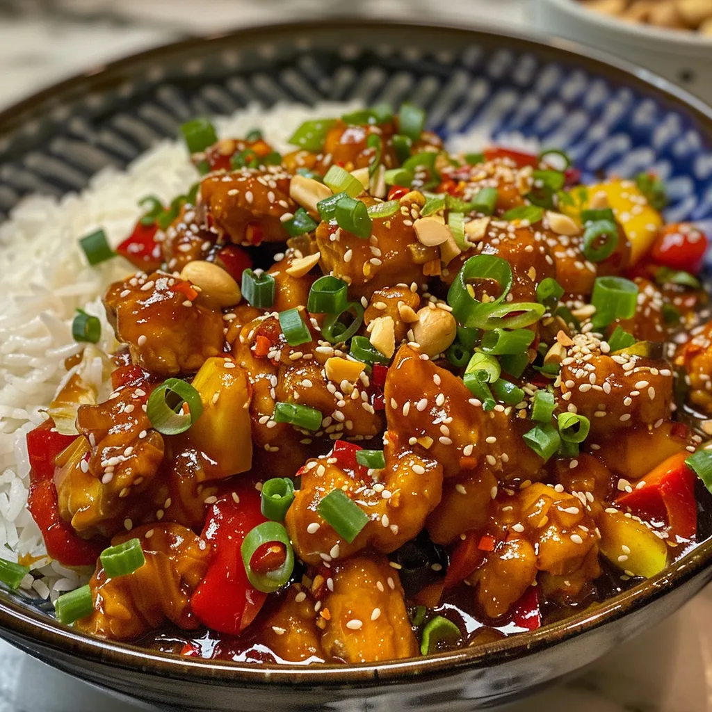 Image of Szechuan chicken highlighting tender chicken pieces and aromatic herbs.