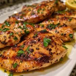 Delicious yogurt marinated chicken, lightly browned and succulent, on a white dish.
