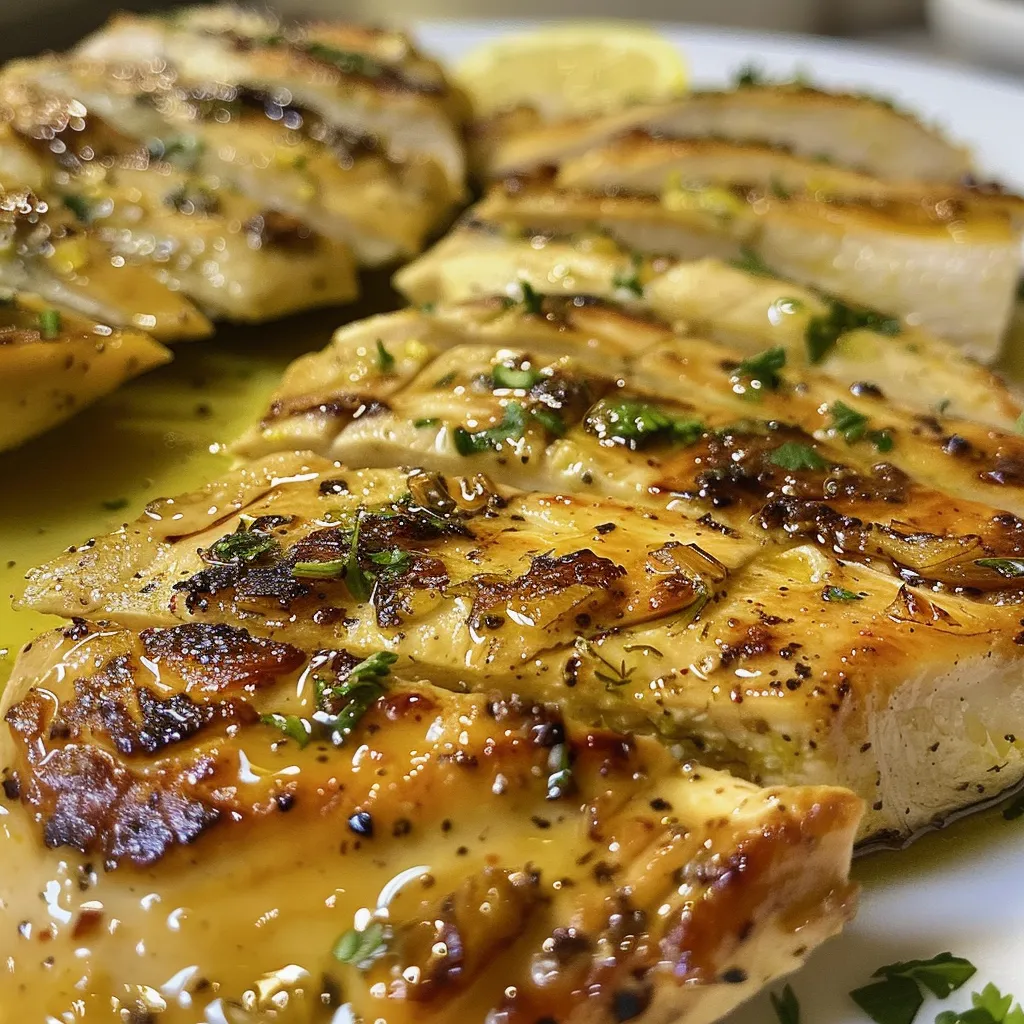 Close-up of tender chicken cutlets with a yogurt marinade, showcasing their juicy texture.