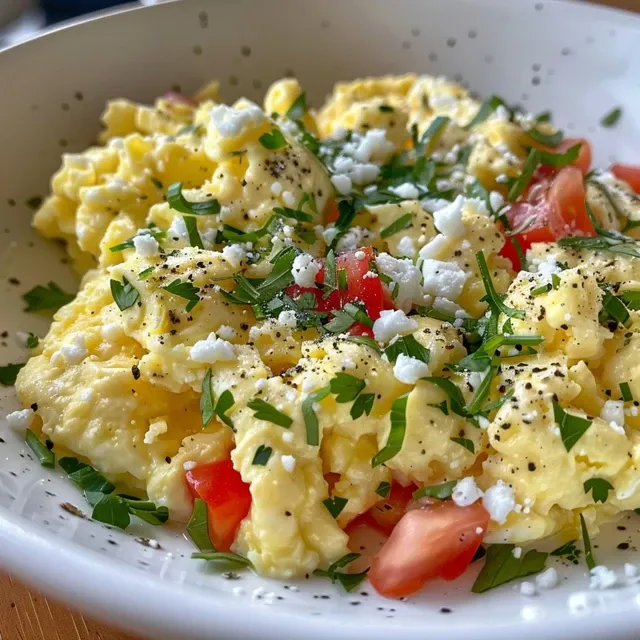 How High-Protein Scrambled Eggs Became My Morning Adventure Juicy scrambled eggs with visible pieces of cottage cheese, served on a plate.
