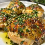Detailed shot of Spring Garlic Herb Chicken showcasing herbs and lemon.