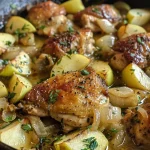 Side view of an Autumn Harvest Chicken Skillet filled with fresh ingredients like apples, onions, and herbs.