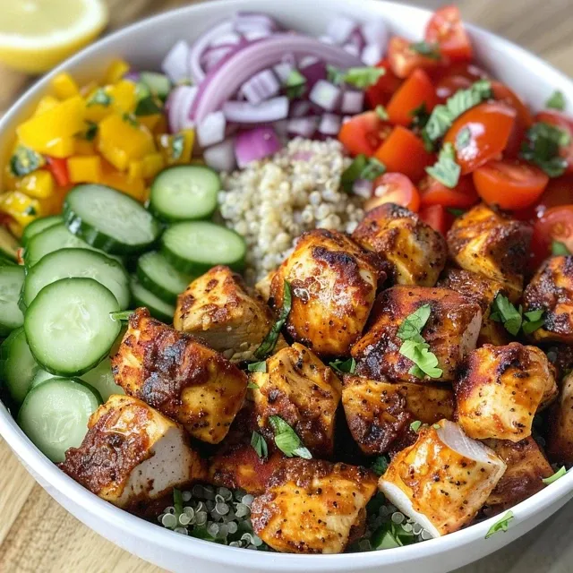 An appetizing Chicken Shawarma Bowl with a mix of chicken, quinoa, and sliced vegetables.